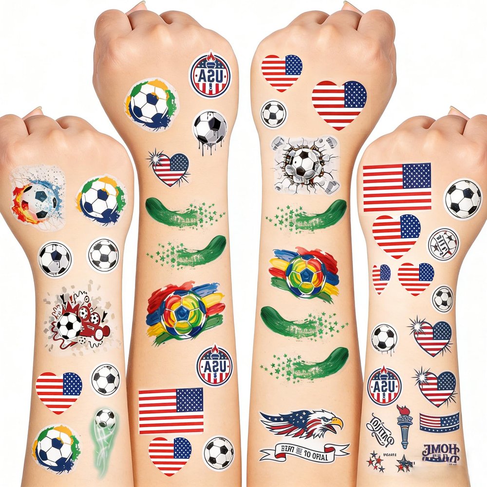 115PCS World Cup 2026 Temporary Tattoos - Soccer & 4th of July Themes, Waterproof Sweatproof Fake Tattoo Stickers for Sports Events, USA Patriotic Celebrations