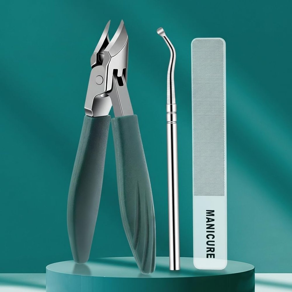Nail Clippers Set for Thick Toenails, Ingrown 30 Slanted Eagle-Beak Seniors Clipper with Wide Jaw Opening, Anti-Splash Catcher, Stainless Steel Kit for Men Women Adults Green