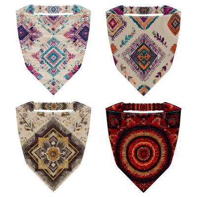 RODAILYCAY 4 Pack Hair Scarf, Retro Beige Ethnic Pattern Chiffon Bandanas Kerchief, Non Slip Triangle Headband Bandana for Women Girls