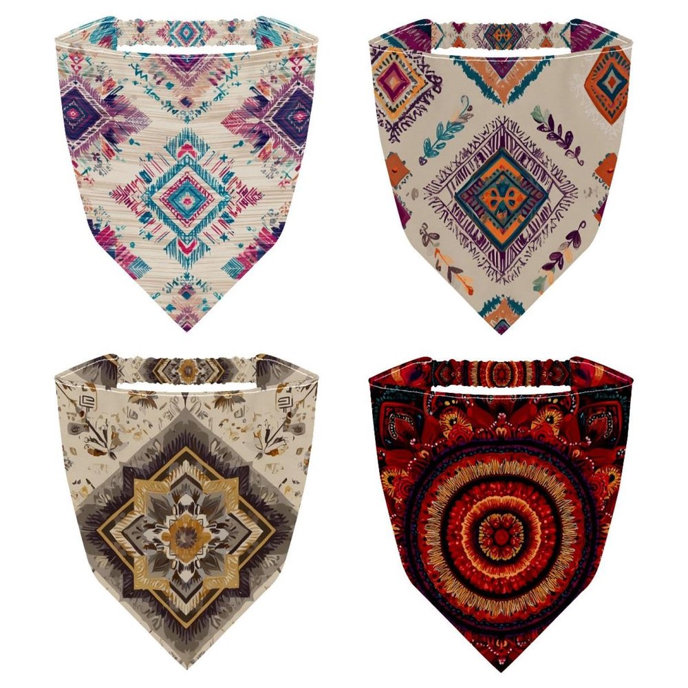 RODAILYCAY 4 Pack Hair Scarf, Retro Beige Ethnic Pattern Chiffon Bandanas Kerchief, Non Slip Triangle Headband Bandana for Women Girls