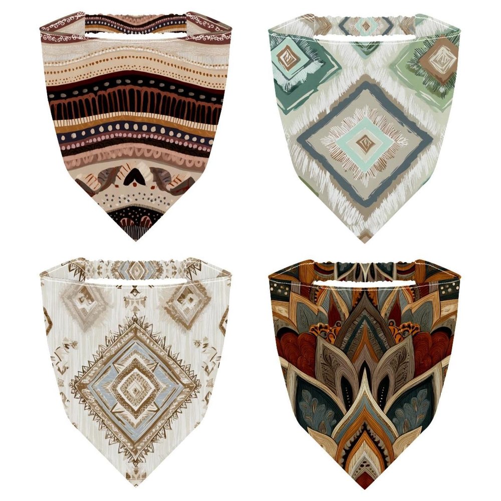 RODAILYCAY 4 Pack Hair Scarfs, Retro Beige Ethnic Pattern Elastic Hair Scarf Headband, Triangle Kerchief, Non Slip Head Hairband Bandanas