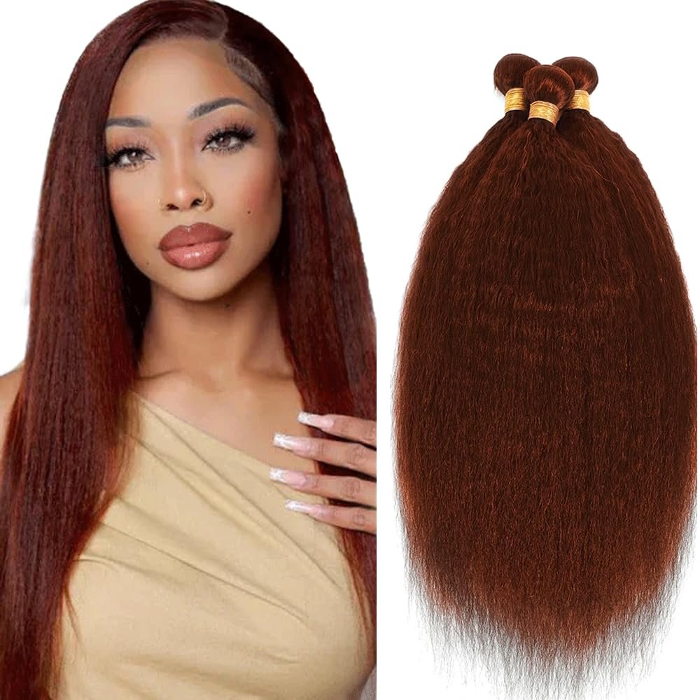 20 22 24 Inch Reddish Brown Bundles Color 33 Auburn Yaki Wave Human Hair Bundle Color 33 Auburn Brown Bundles Suhkrpt Hair Copper Kinky Straight Bundle 150G
