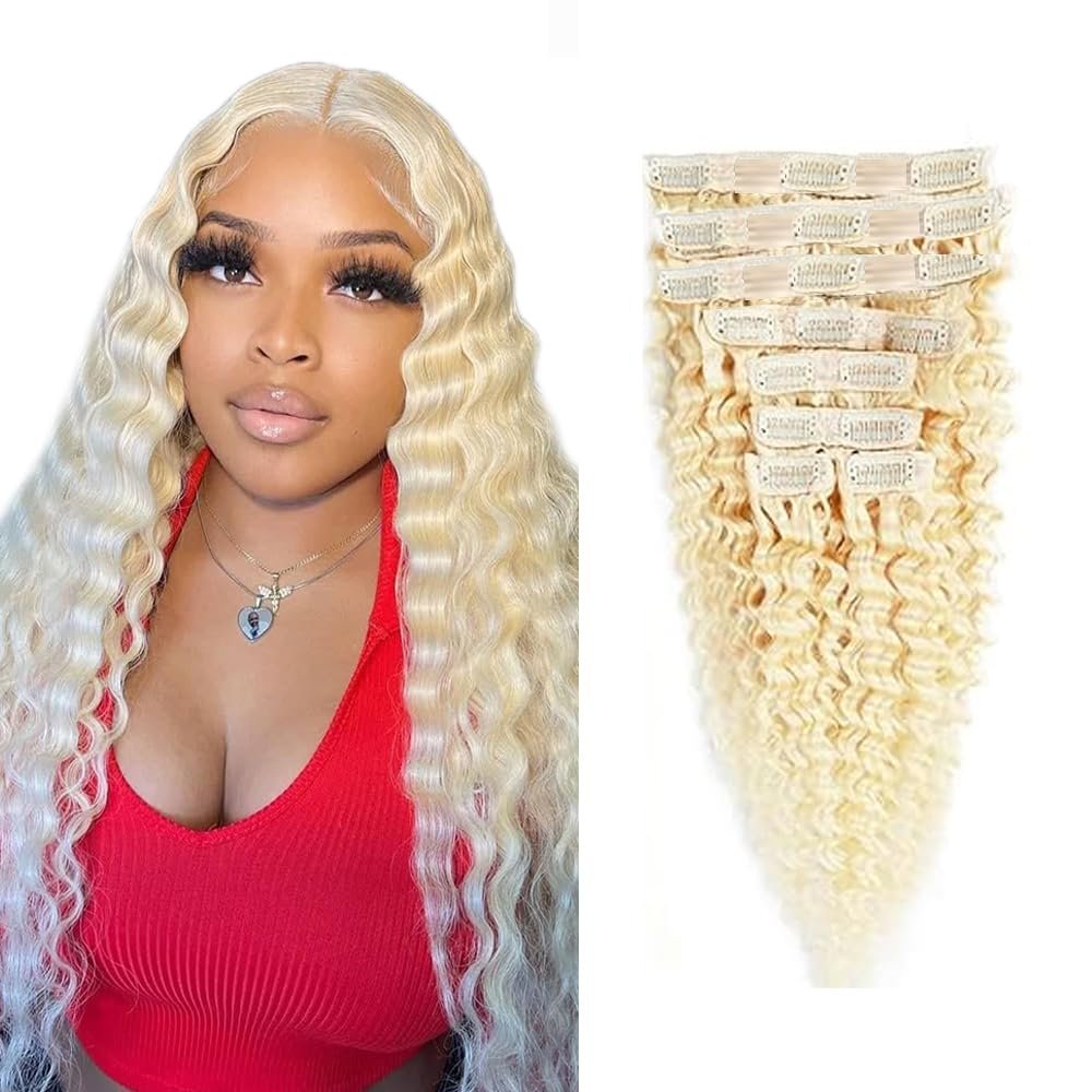 #613 Blonde Clip in Hair Extensions Human Hair, Blonde Deep Wave Remy Human Hair Extensions Clip ins for Women, 26 Inch 120g 7Pcs, Color #613 Hair Extension