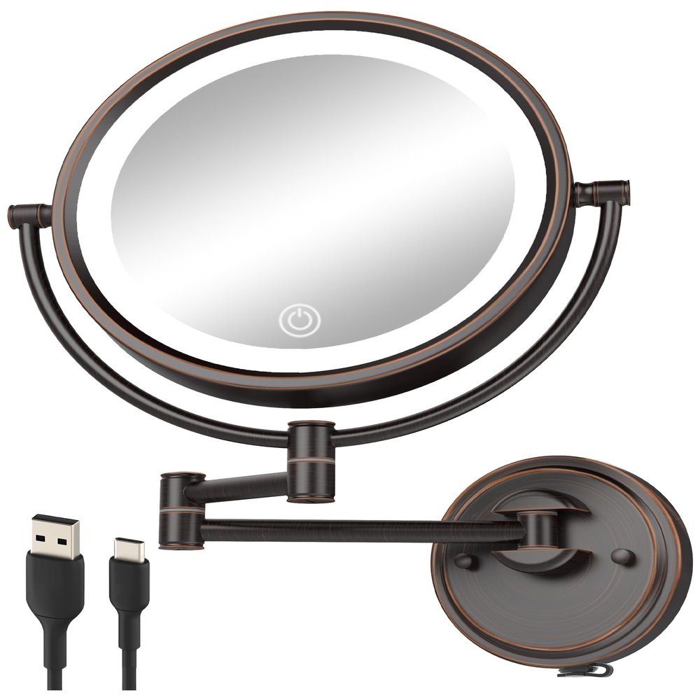 10" Brass Large Wall Mounted Makeup Mirror with Extension Arm Lighting