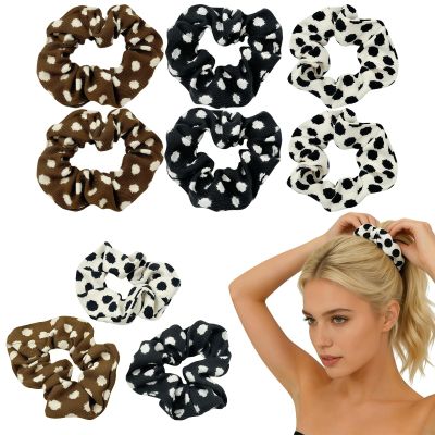 12PCS Plush Polka Dot Print Hair Scrunchies, Oversized Elastic Hair Ties for Women, Classic Black White Brown Polka Dot Hair Accessories, Fuzzy Plush Hair Ropes for Daily Party Styling Birthday Gifts