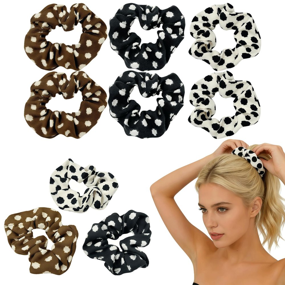 12PCS Plush Polka Dot Print Hair Scrunchies, Oversized Elastic Hair Ties for Women, Classic Black White Brown Polka Dot Hair Accessories, Fuzzy Plush Hair Ropes for Daily Party Styling Birthday Gifts