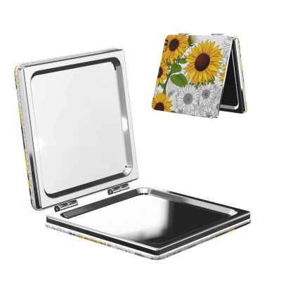 Fuzquwu Plump Sunflower and Sketch Pattern Pocket Makeup Mirror Compact Mirror with Magnification Pu Leather Travel Cosmetic Mirror