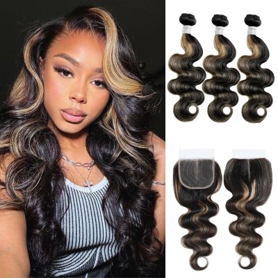 ALHER F1B/27 Highlight Body Wave Bundles with 4x4 HD Lace Closure Human Hair, 12A Black and Honey Blonde Ombre Colored Free Part 4x4 Closure and 3 Bundles 100% Remy Hair for Black Women 10 12 14+10 IN