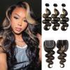 ALHER F1B/27 Highlight Body Wave Bundles with 4x4 HD Lace Closure Human Hair, 12A Black and Honey Blonde Ombre Colored Free Part 4x4 Closure and 3 Bundles 100% Remy Hair for Black Women 10 12 14+10 IN view 1