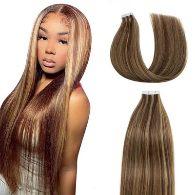P4/27 Blonde Tape in Hair Extensions Human Hair,Highlight Brown Straight Remy Human Hair Extensions,28 Inch 45g 10 Pcs,Skin Weft Seamless Invisible, Silky Straight with Thick Ends, Remy Human Hair