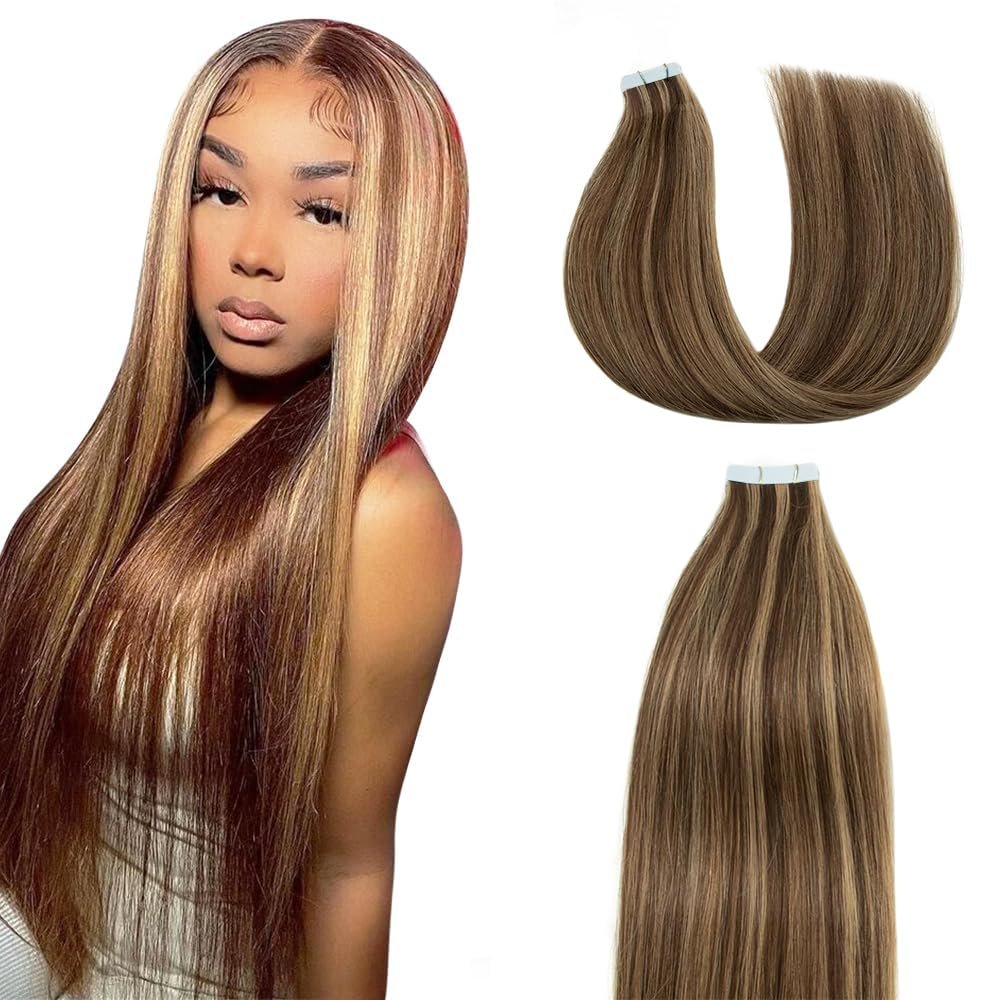 P4/27 Blonde Tape in Hair Extensions Human Hair,Highlight Brown Straight Remy Human Hair Extensions,28 Inch 45g 10 Pcs,Skin Weft Seamless Invisible, Silky Straight with Thick Ends, Remy Human Hair