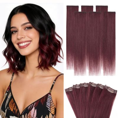 Hairro 6PCS Clip In Human Hair Extensions Short Burgundy Color Clip Ins Remy Real Hair Small Clip On Hairpieces For Women 33g 12 Inch #99J Wine Red