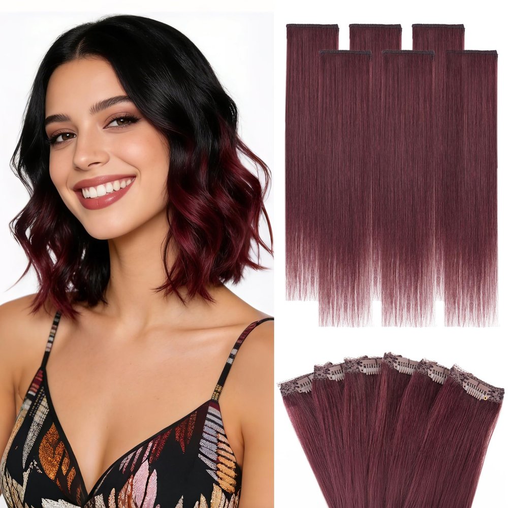 Hairro 6PCS Clip In Human Hair Extensions Short Burgundy Color Clip Ins Remy Real Hair Small Clip On Hairpieces For Women 33g 12 Inch #99J Wine Red
