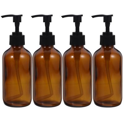 AUTSUPPL 4pcs 250ml Glass Pump Dispenser Bottles Set for Shampoo Lotion Shower Gel, Liquid Push Down Emulsion Bottles for Travel Home Hotel Use, Light Brown