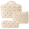 3Pcs Coquette Makeup Bag, Quilted Cosmetic Bag for Women, Floral Cotton Aesthetic Toiletry Travel Bags for Phone Power Bank view 1