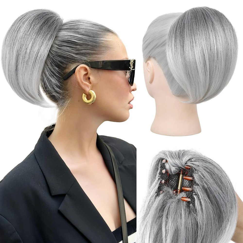 REECHO Ponytail Extension, 8" Short Mini Claw Clip Pony Tail Hair Extensions Natural Soft Feather-Light Tension-Free Ponytail Hairpiece for Women with Short Fine Thin Hair - Dark Grey with Light Ends