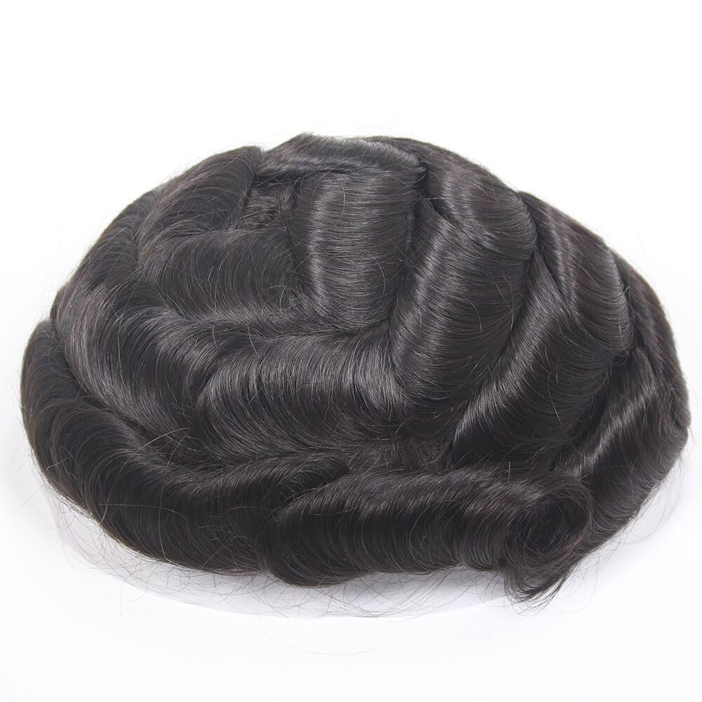 Voloria Durable Hair System for Men French Lace Front Fine Mono and Skin PU Around Mens Toupee Human Hair Pieces Natural Hairline Hair Replacement for Men 8x10INCH Natural Black Color