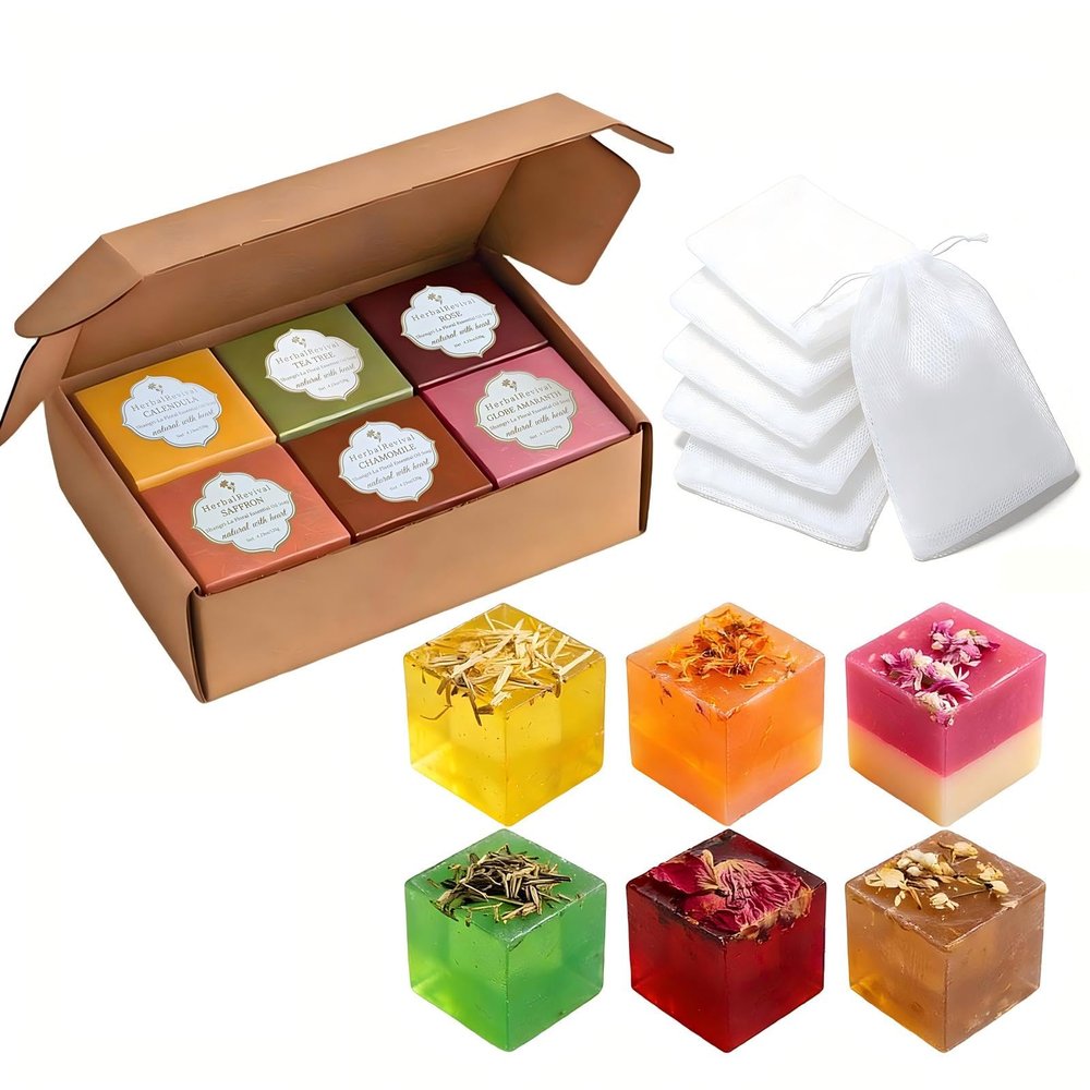 HerbalRevival 6 Pack Floral Essential Oil Natural Soap Set, 120g Travel Size, Shea Butter for Dry Sensitive Skin, Aromatherapy Gift for Gym Business Trip