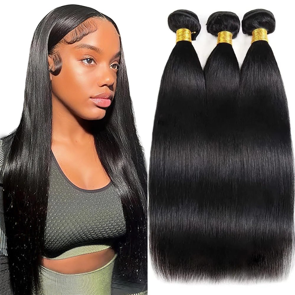 #1B Straight Bundles Human Hair 16 18 20 Inch Human Hair Bundles Unprocessed Virgin 3 Bundles Human Hair Extensions 100G Per Bundle for Women Natural Black