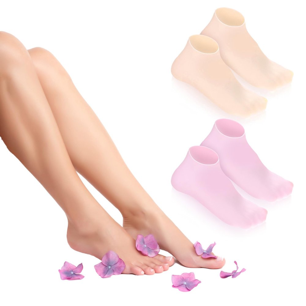 2 Pairs Silicone Moisturizing Foot Socks, Silicone Socks for Dry Cracked Feet Foot Spa Pedicure Sock Anti-Slip Moisturizer Sock Fits Up to Size 9 (Pink, Beige)