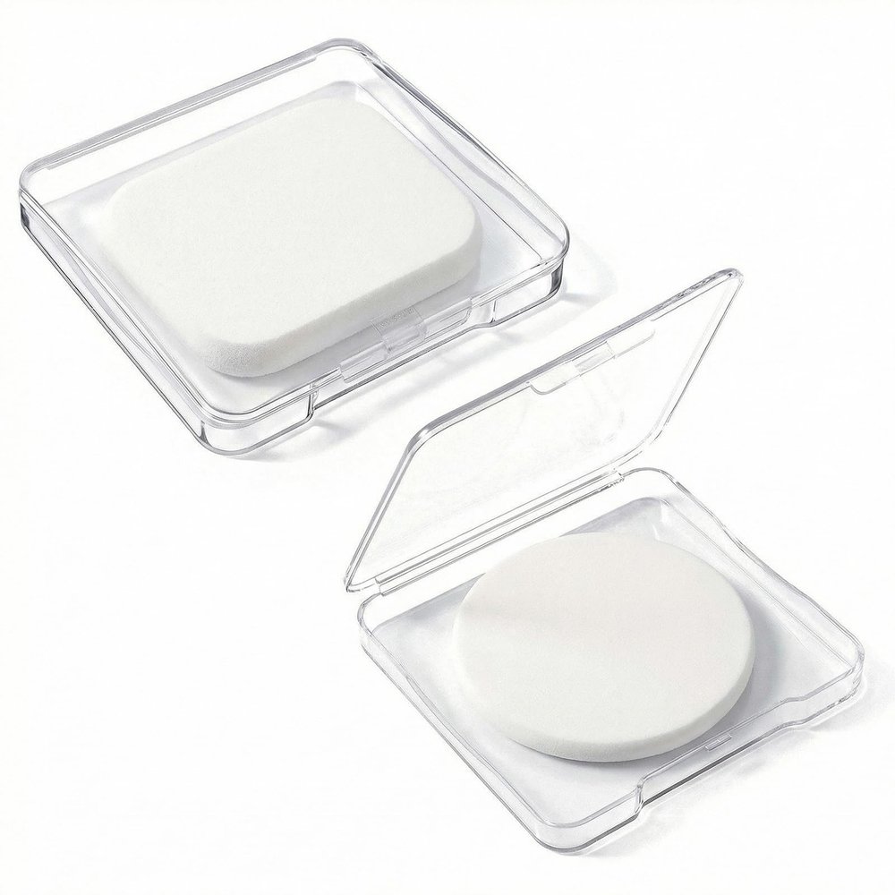 2 Pcs Makeup Sponges with Travel Case, Foundation Sponge Square Round Makeup Sponge Replacement Face Sponges for Cosmetic All Skin Types, White