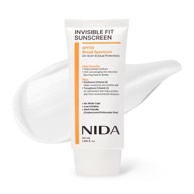 NIDA Invisible Fit Sunscreen SPF 50 Broad Spectrum UV-A/UV-B Protection | No White Cast, Low Irritation, Hydrating Lotion-like Lightweight Glow Sunscreen for All Skin Types | 1.69 fl. oz., 50ml