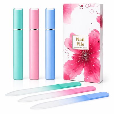 3-Pack Premium Crystal Glass Nail Files Durable Double-Sided Nail File Set for Natural & Artificial Nails | Washable Manicure & Pedicure Tools with Protective Case (Green, Pink, Blue)