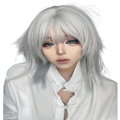 TTYAO REII Mullet Wig with Bangs Japanese Style Short Straight Wig Natural Looking Daily Synthetic Hairpiece (Silver White)