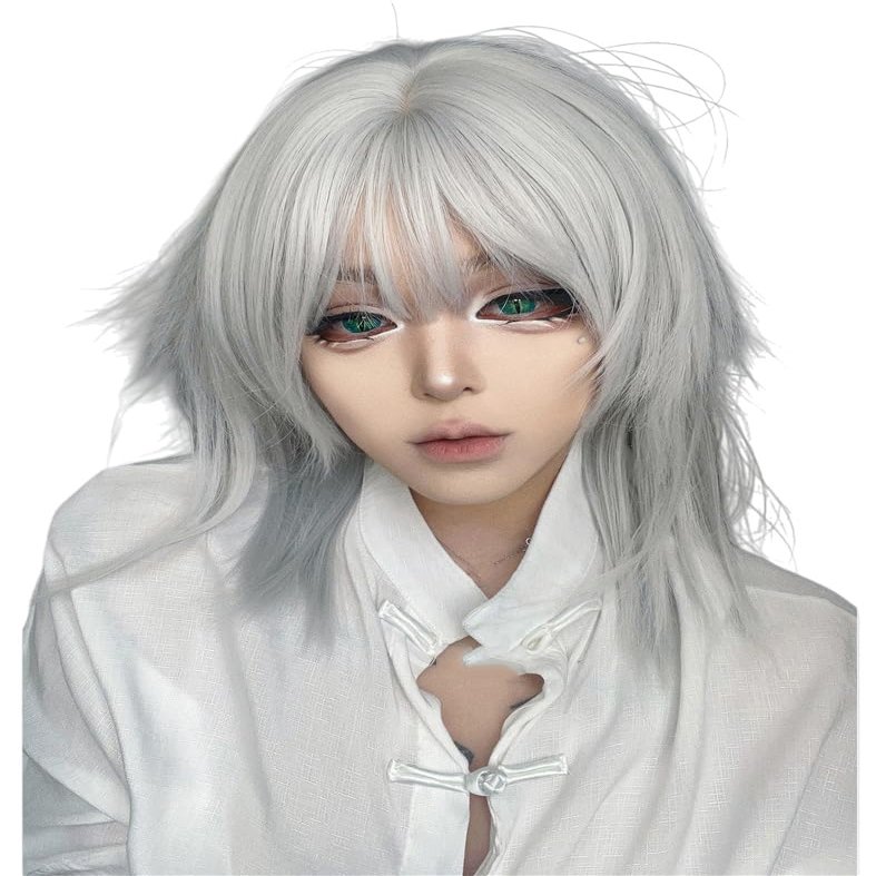 TTYAO REII Mullet Wig with Bangs Japanese Style Short Straight Wig Natural Looking Daily Synthetic Hairpiece (Silver White)