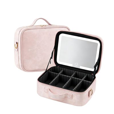 HJXGQJM Travel Makeup Bag with LED Mirror, Travel Makeup Bag with Light Up Mirror and Adjustable Dividers, Waterproof Makeup Train Case, Lighted Makeup Case with Detachable Mirror, Pink