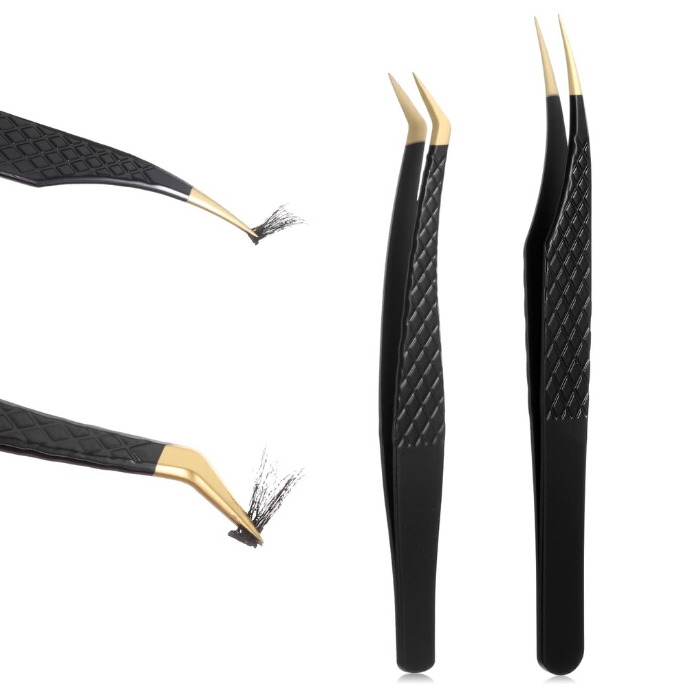2 Pcs Professional Lash Tweezers, Eyelash Cluster Extension Tools with Bent and Straight Tips for Classic Volume Eyelash Extensions, Non-Slip Grip Precision Tools for Cluster False Lashes (Black)