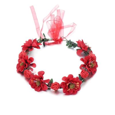 Wedding Floral Crown Women Flower Headband Hair Wreath Floral Headpiece for Wedding Photo Shoot Festivals(Red)