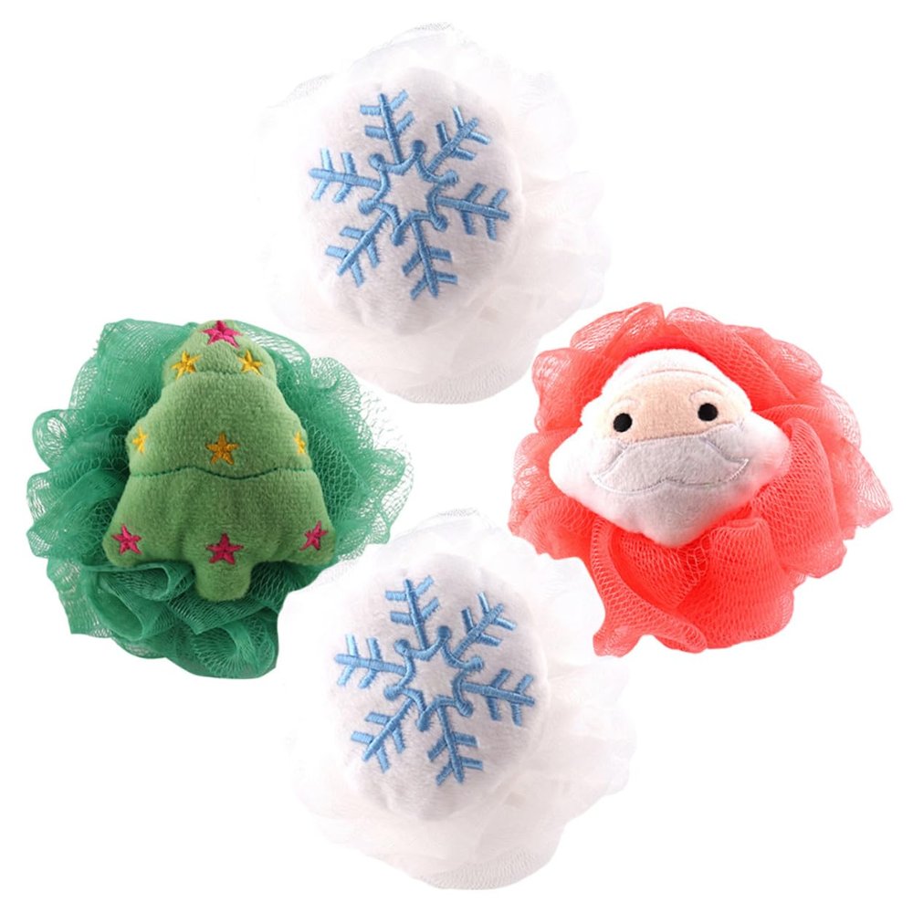 Healeved 4pcs Christmas Bath Loofah Set Skin Cleaning Scrubber Bathing Sponge Ball with Santa, Tree, Snowflake for Shower and Tub Use