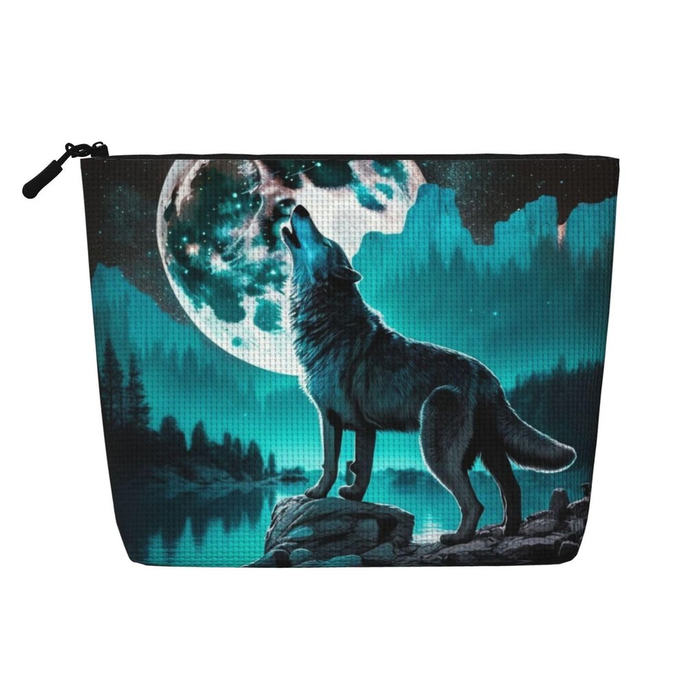 Makeup Bag Small Cosmetic Bags for Women Travel Toiletry Bag Zipper Pouch Purse Organizer Pouches, Wolf Howling River Night Moon Cool