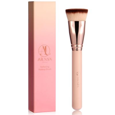 AILNSX Flat Top Foundation Brush for Liquid, Cream and Powder Foundation, Dense Makeup Brush for Buffing, Stippling, Concealer and Contour, Pink Handle Rose Gold Ferrule