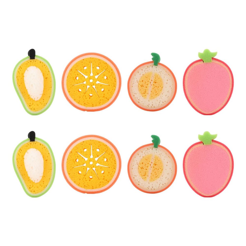 PRETYZOOM 8pcs Fruit-Shaped Shower Sponge Set, Exfoliating Bath Sponges with Mango, Orange, Melon, Strawberry Designs, Soft Body Scrubbers for Gentle Bathing