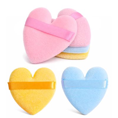 6 Pcs Soft Makeup Spong, Heart Shape Velvet Face Applicator Puff with Ribbon Strap, for Foundation, Pressed Powder and Blush - Pink, Yellow, Blue