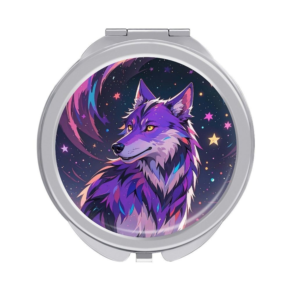 FHESDCW Portable Makeup Mirror with 1X/2X Magnification, Double Side Purple Starry Sky Galactic Wolf Travel Mirror Compact Folding Vanity Mirrors for Purse, Pocket, Travel & Home 2.4 Inch