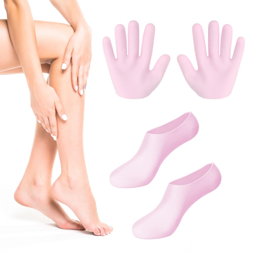 2 Pairs Silicone Gloves Moisturizing Socks Set for Dry Cracked Feet & Hands, Spa Gel Socks Gloves for Women, Intensive Foot Hand Care, Fits Most Sizes (Pink)