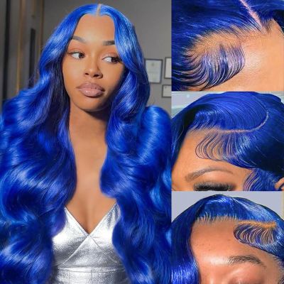 FXIMYLC 28 Inch Blue Lace Front Wigs Human Hair 13X6 HD Transparent Lace Front Wig Human Hair Pre Plucked 200% Density Body Wave Wigs for Women