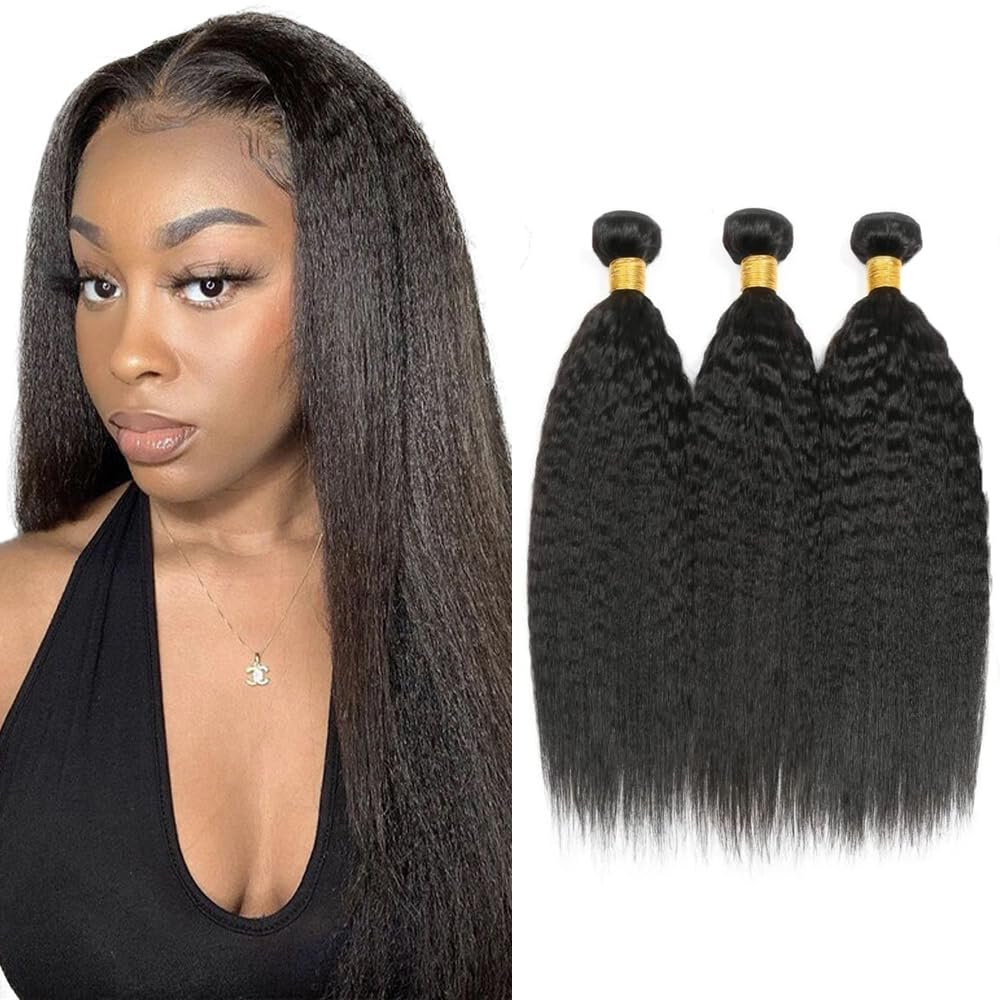 FuivJuix #1B Color Bundles Yaki Straight Bundles Human Hair 18 20 22 Inch Brazilian Virgin Hair 3 Bundle Natural Black Yaki Straight Bundles Human Hair Extensions 50 Gram Per Bundle