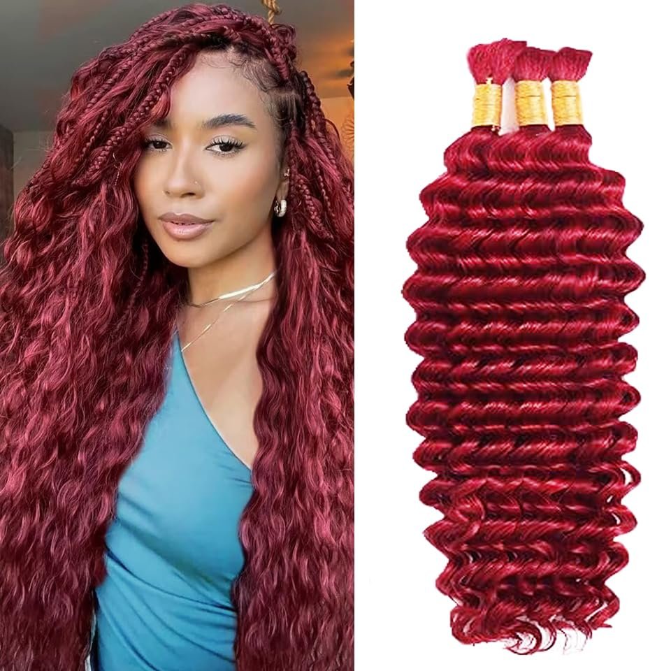 #99J Burgundy Human Braiding Hair for Boho Braids 150g 3 Bundles 30 30 30 Inch Wine Red Deep Wave Bulk Hair No Weft #99J Curly Human Hair Extensions for Braids