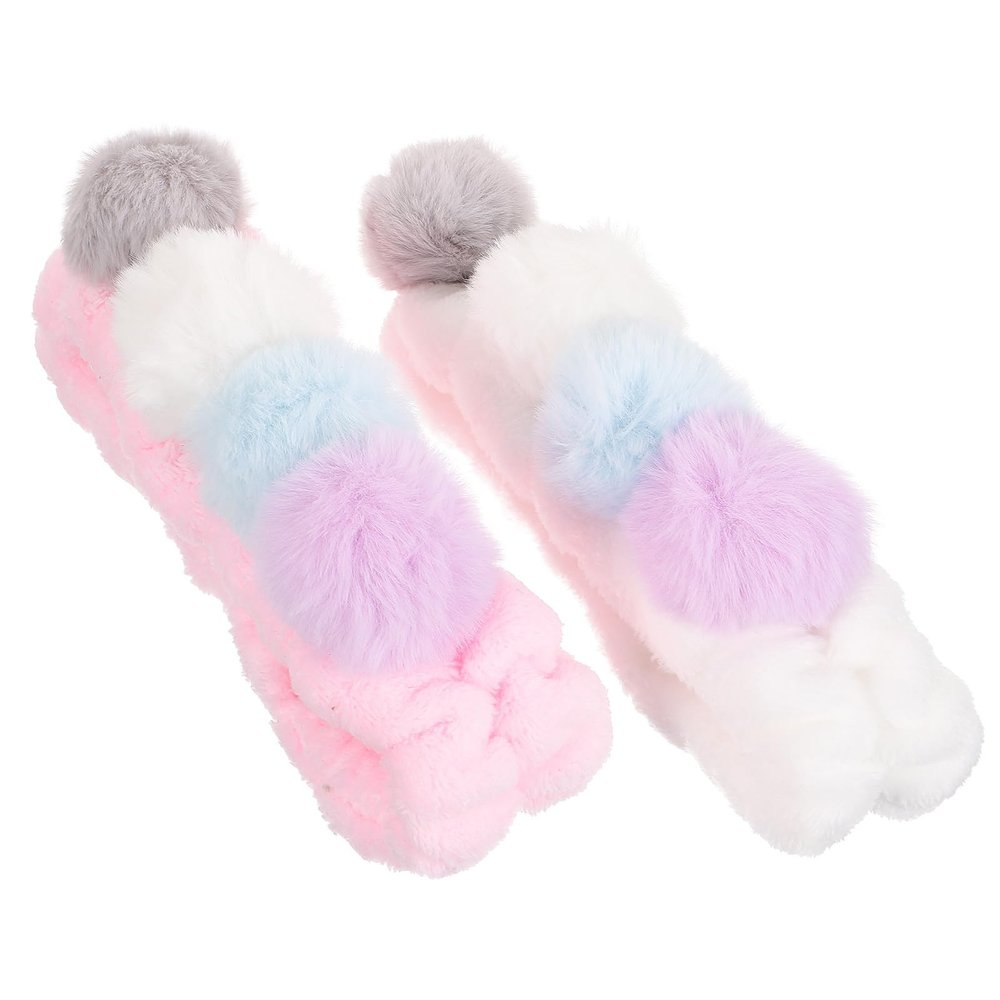 BETOOKY 2pcs Plush Spa Headbands for Face Washing, Soft Elastic Hair Bands with Cute Pom Poms, White and Pink, Womens Facial Skincare and Makeup Hair Accessories