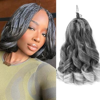Ombre Grey French Curls Braiding Hair 12 Inch Bouncy French Curly Braiding Hair 7 Packs Loose Wavy Crochet Braids Hair for Women 1B/Grey