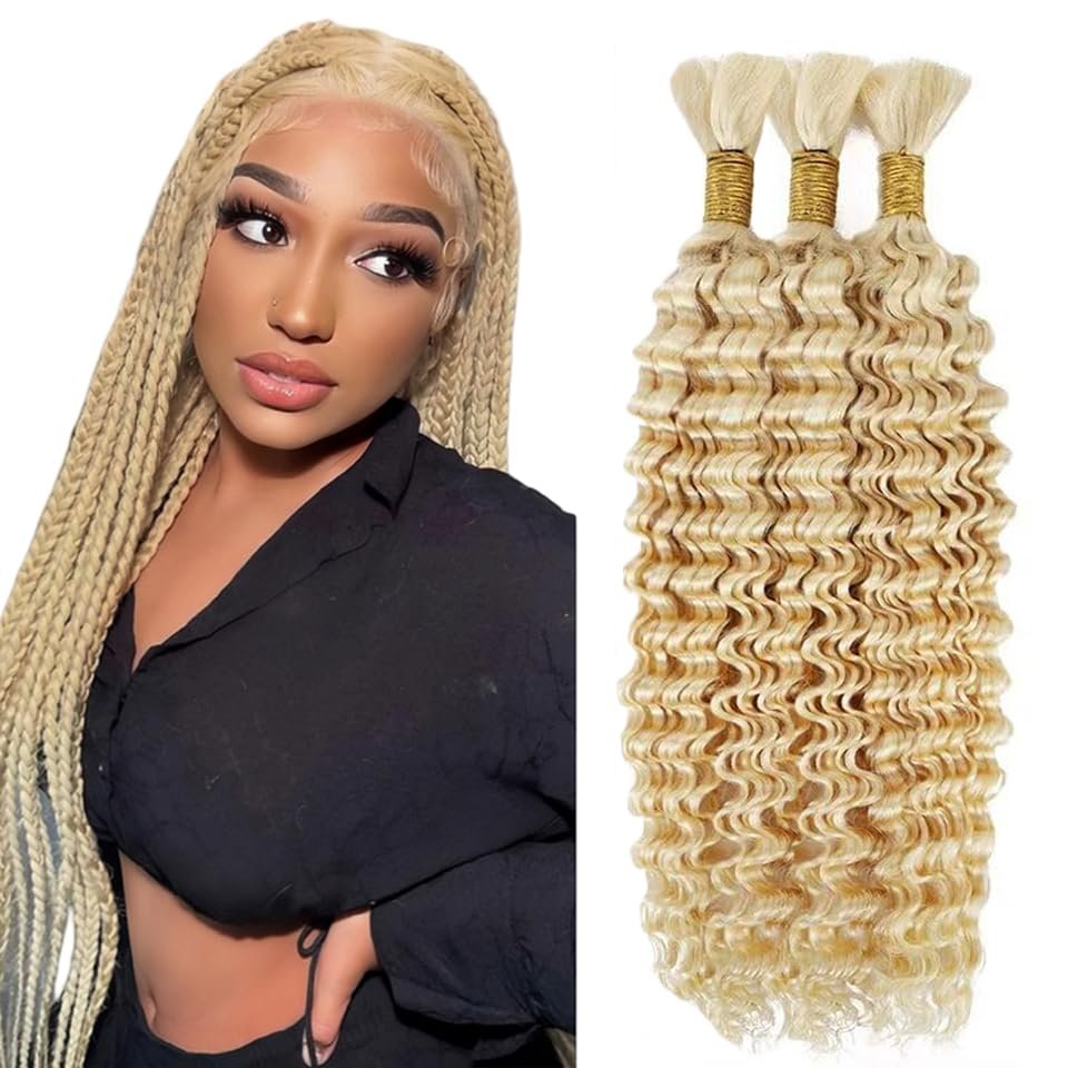 #613 Blonde Human Braiding Hair for Boho Braids 150g 3 Bundles 26 26 26 Inch Bleach Blonde Deep Wave Bulk Hair No Weft #613 Curly Human Hair Extensions for Braids