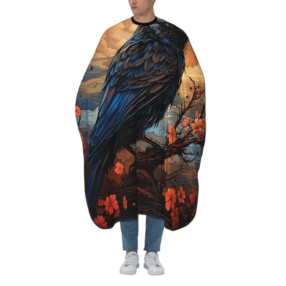 Waterproof Barber Cape 55x66 Inch Professional Hairdressing Salon Haircut Hair Cutting Apron Adult, Crow and Flowers Raven Moon Art