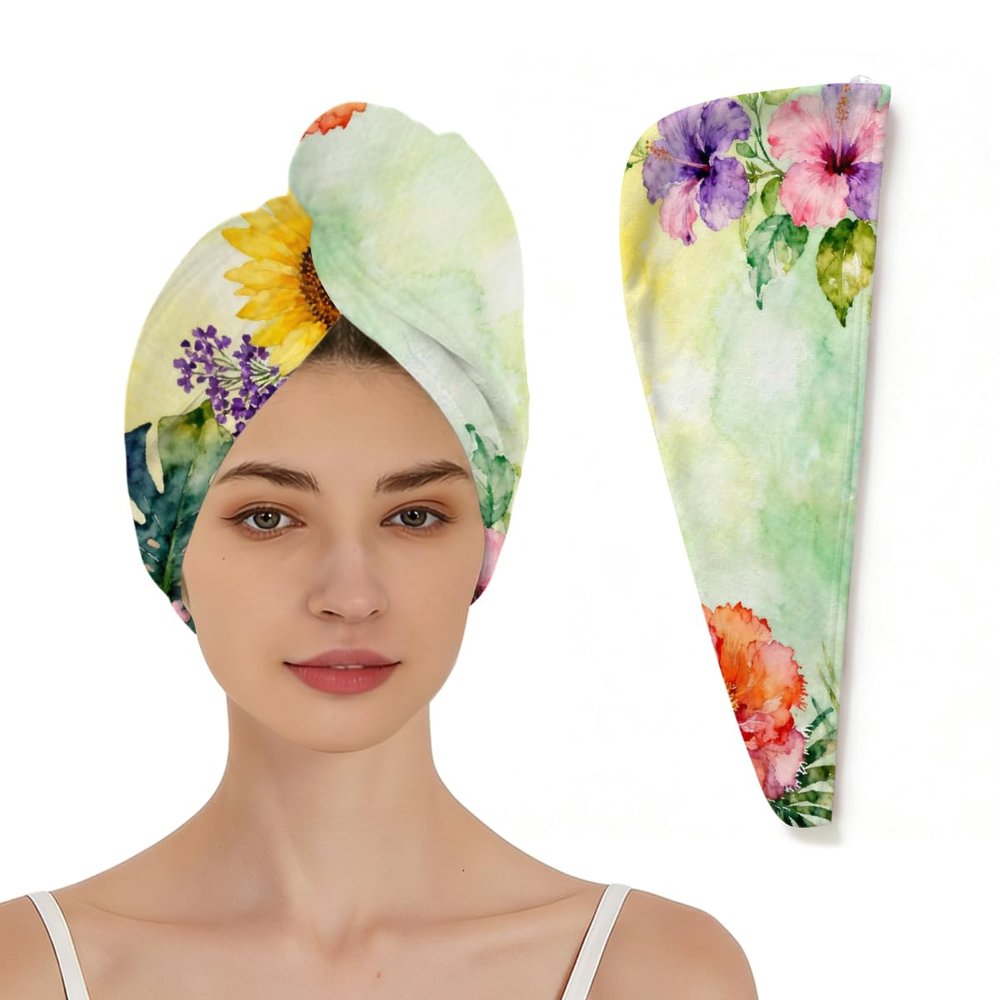 Chintiz Microfiber Hair Towel Wrap for Women - Tropical Floral Super Absorbent Fast Drying Head Hair Towels - Elastic Loop Design Anti-Frizz Soft Turbans for Wet Curly, Thick, Long Hair