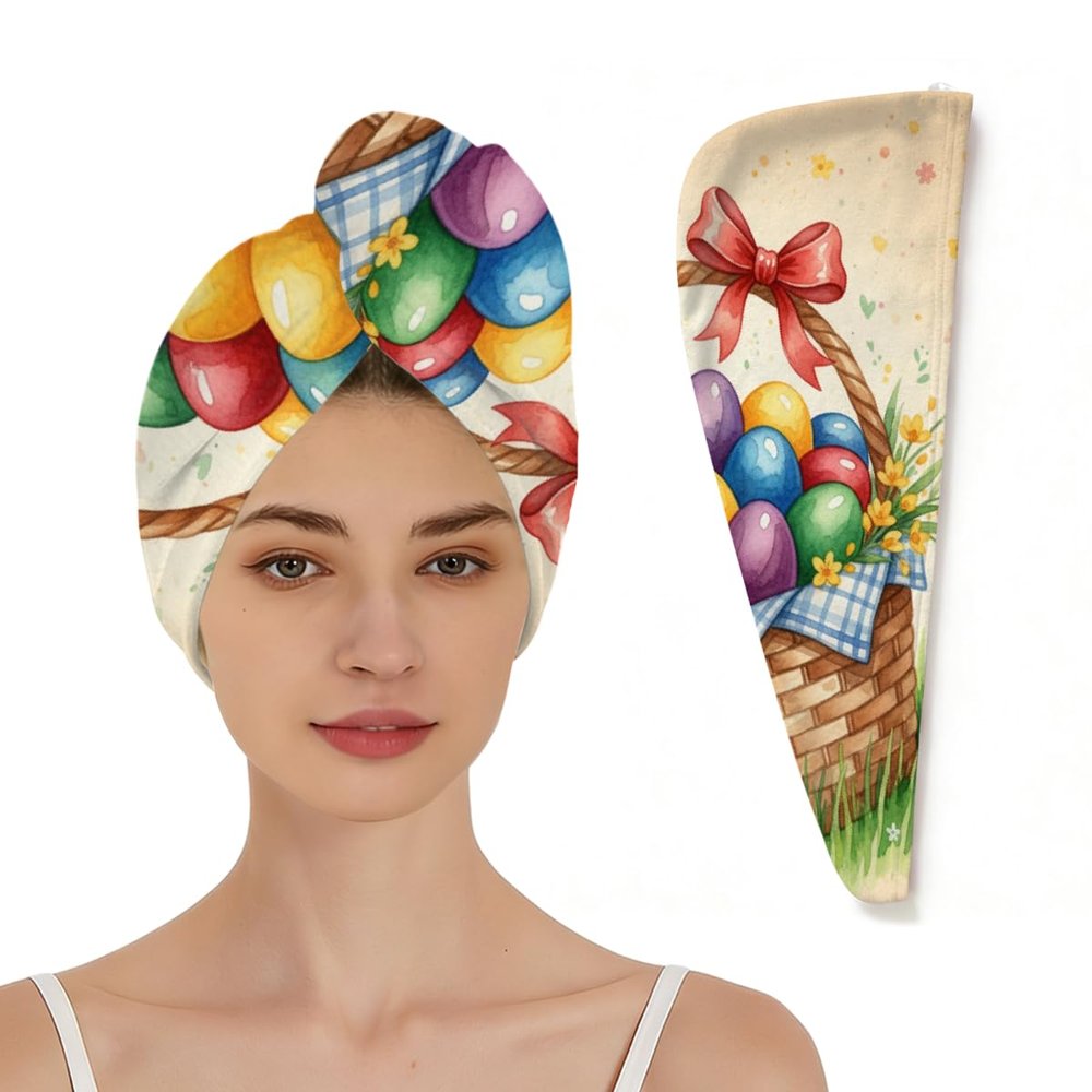 Chintiz Microfiber Hair Towel Wrap for Women - Easter Basket Super Absorbent Fast Drying Head Hair Towels - Elastic Loop Design Anti-Frizz Soft Turbans for Wet Curly, Thick, Long Hair