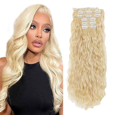 #613 Blonde Clip in Hair Extensions Human Hair, Honey Blonde Long Wave Remy Hair Extensions Clip ins for Women, 26 Inch 120g 7Pcs, #613 Color Human Hair Extension