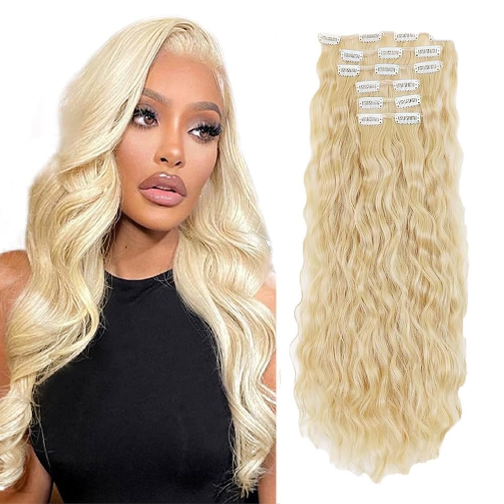#613 Blonde Clip in Hair Extensions Human Hair, Honey Blonde Long Wave Remy Hair Extensions Clip ins for Women, 26 Inch 120g 7Pcs, #613 Color Human Hair Extension